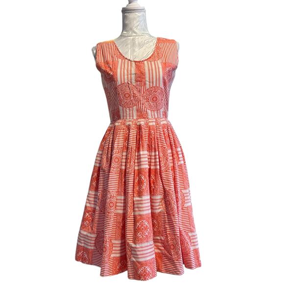Vintage 1950s Sundress Sz Small Bernie Sobel Orange White Geometric Pleated - Picture 1 of 16